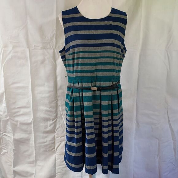Calvin Klein Fit and Flare Dress Womens Size 16 Sleeveless Stretch Striped Lined - Picture 2 of 11